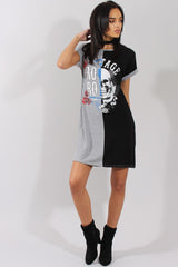 Grey and Black Slogan Print T-Shirt Dress - Harrlet-Dresses