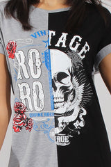 Grey and Black Slogan Print T-Shirt Dress - Harrlet-Dresses