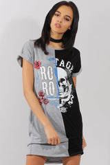 Grey and Black Slogan Print T-Shirt Dress - Harrlet-Dresses