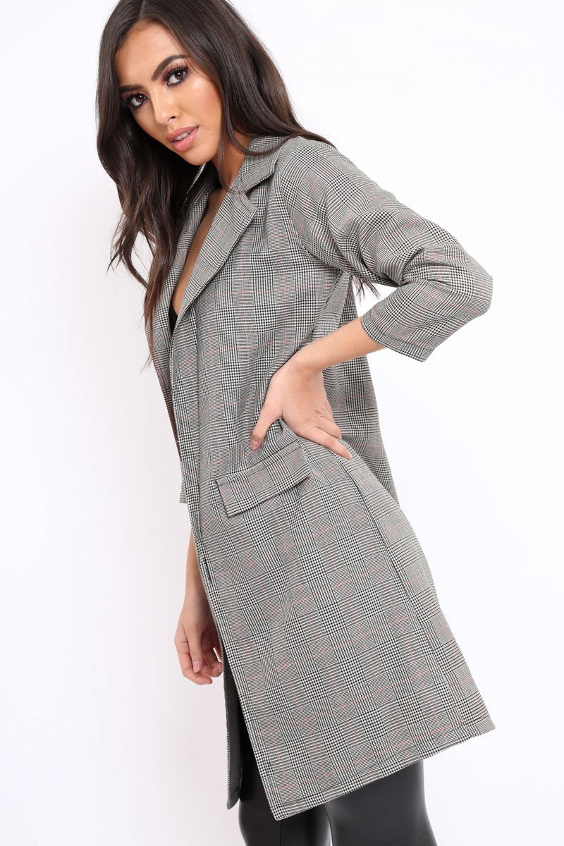 Grey and Red Tartan Long Blazer - Corrine-Jackets