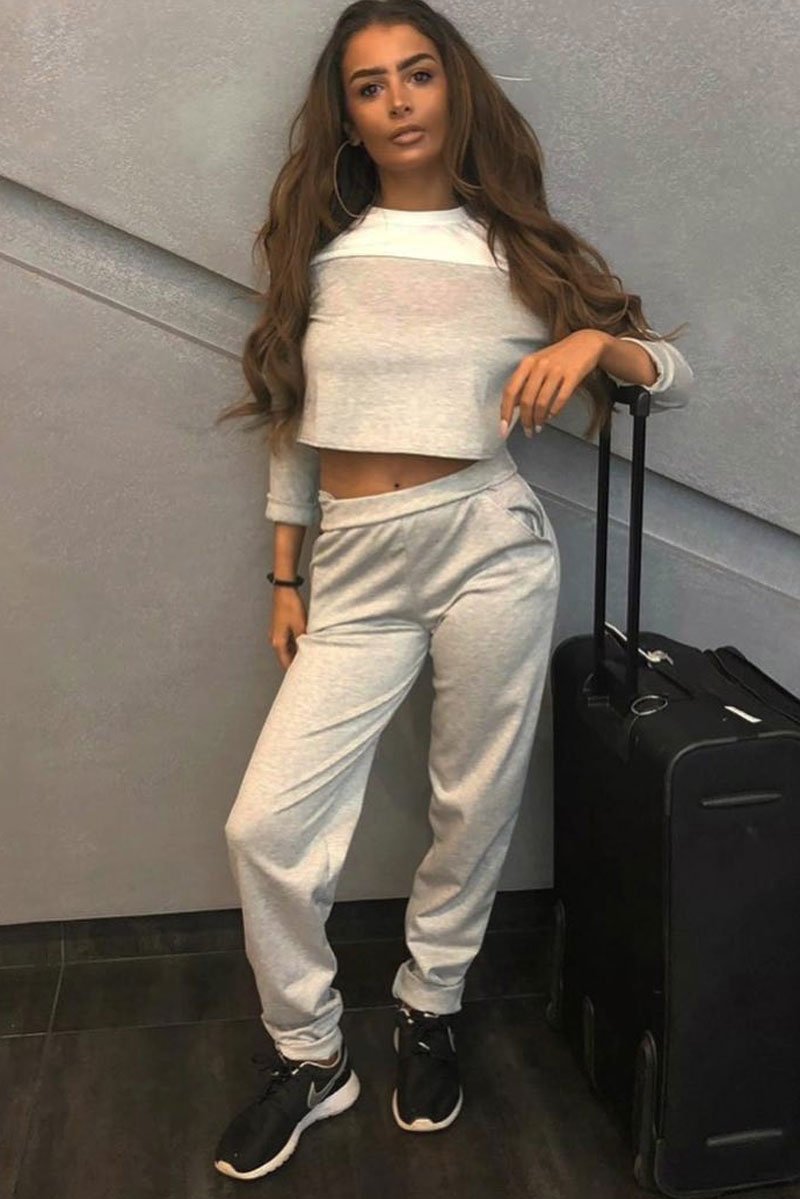 Grey and White Contrast Panel Tracksuit - Soraya-Loungewear