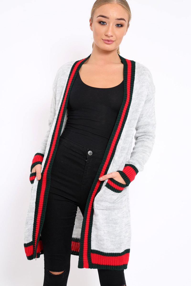 Grey knitted Cardigan with Striped Trim - Ivy-Knitwear