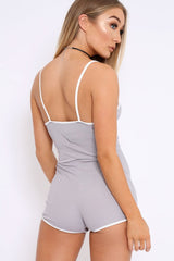 Grey with Contrast Trim Ribbed Playsuit - Raina-Playsuits