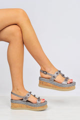 Gun Metal Grey Metallic Flatform Sandals with Large Bead Detail - Dajah-Sandals