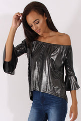 Gunmetal Grey Metallic Bardot Bell Sleeve Top - Nova-Tops