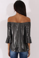 Gunmetal Grey Metallic Bardot Bell Sleeve Top - Nova-Tops