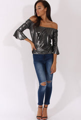 Gunmetal Grey Metallic Bardot Bell Sleeve Top - Nova-Tops