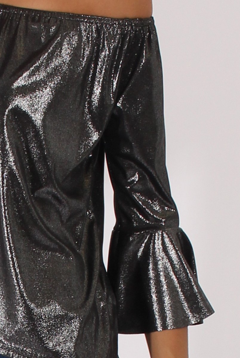 Gunmetal Grey Metallic Bardot Bell Sleeve Top - Nova-Tops