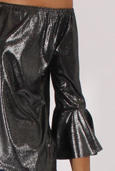 Gunmetal Grey Metallic Bardot Bell Sleeve Top - Nova-Tops