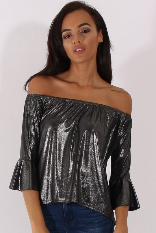 Gunmetal Grey Metallic Bardot Bell Sleeve Top - Nova