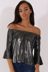 Gunmetal Grey Metallic Bardot Bell Sleeve Top - Nova-Tops