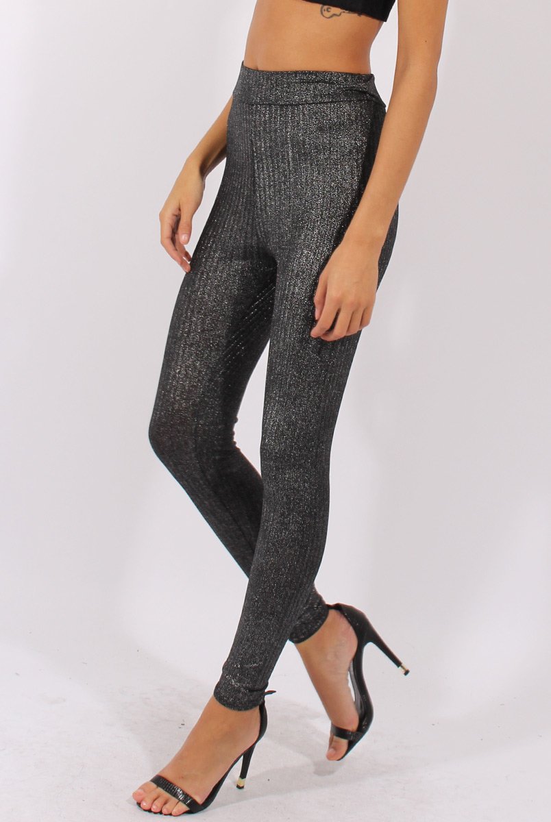 Gunmetal Grey Metallic Ribbed High Waisted Leggings - Yasmin-Dresses