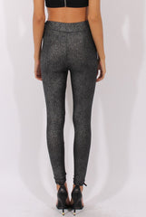 Gunmetal Grey Metallic Ribbed High Waisted Leggings - Yasmin-Dresses