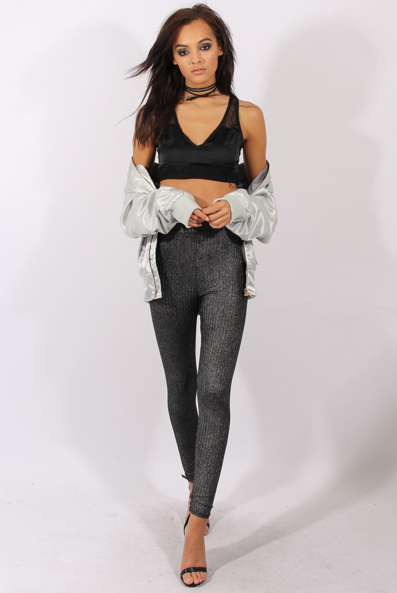 Gunmetal Grey Metallic Ribbed High Waisted Leggings - Yasmin-Dresses