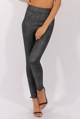 Gunmetal Grey Metallic Ribbed High Waisted Leggings - Yasmin-Dresses