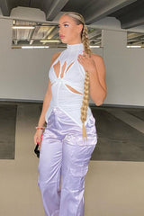 Lilac Satin Straight Leg Cargo Trousers - Harlyn