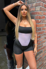 Black Mesh Panel Shoulder Strap Playsuit - Hatsu