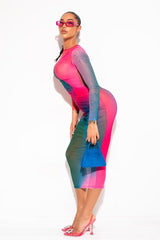 Multi Mesh Abstract Print Ruched Midi Dress - Helen