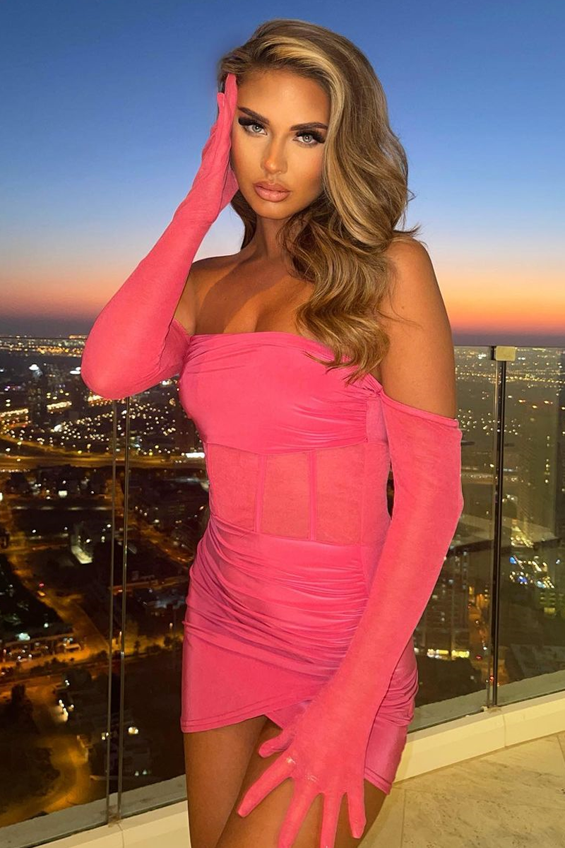 Hot Pink Mesh Gloves Corset Mini Dress - Juliette Hot Pink Mesh Gloves Corset Mini Dress - Juliette