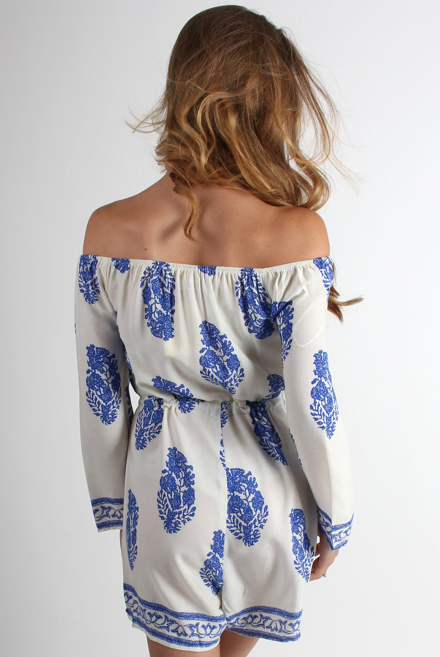 Haley Blue Paisley Print Of The Shoulder Playsuit-Playsuits