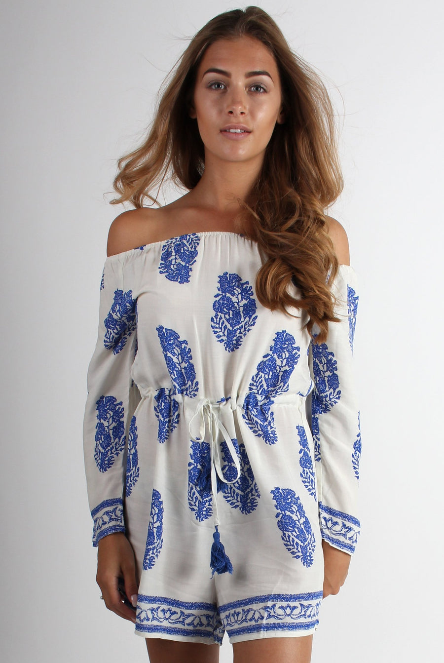 Haley Blue Paisley Print Of The Shoulder Playsuit-Playsuits