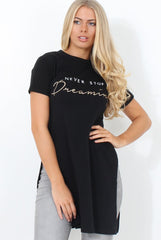 Hanna Black Slogan Side Split Top-Tops
