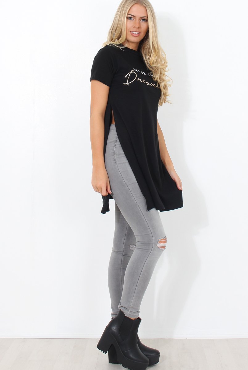 Hanna Black Slogan Side Split Top-Tops