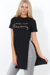 Hanna Black Slogan Side Split Top-Tops