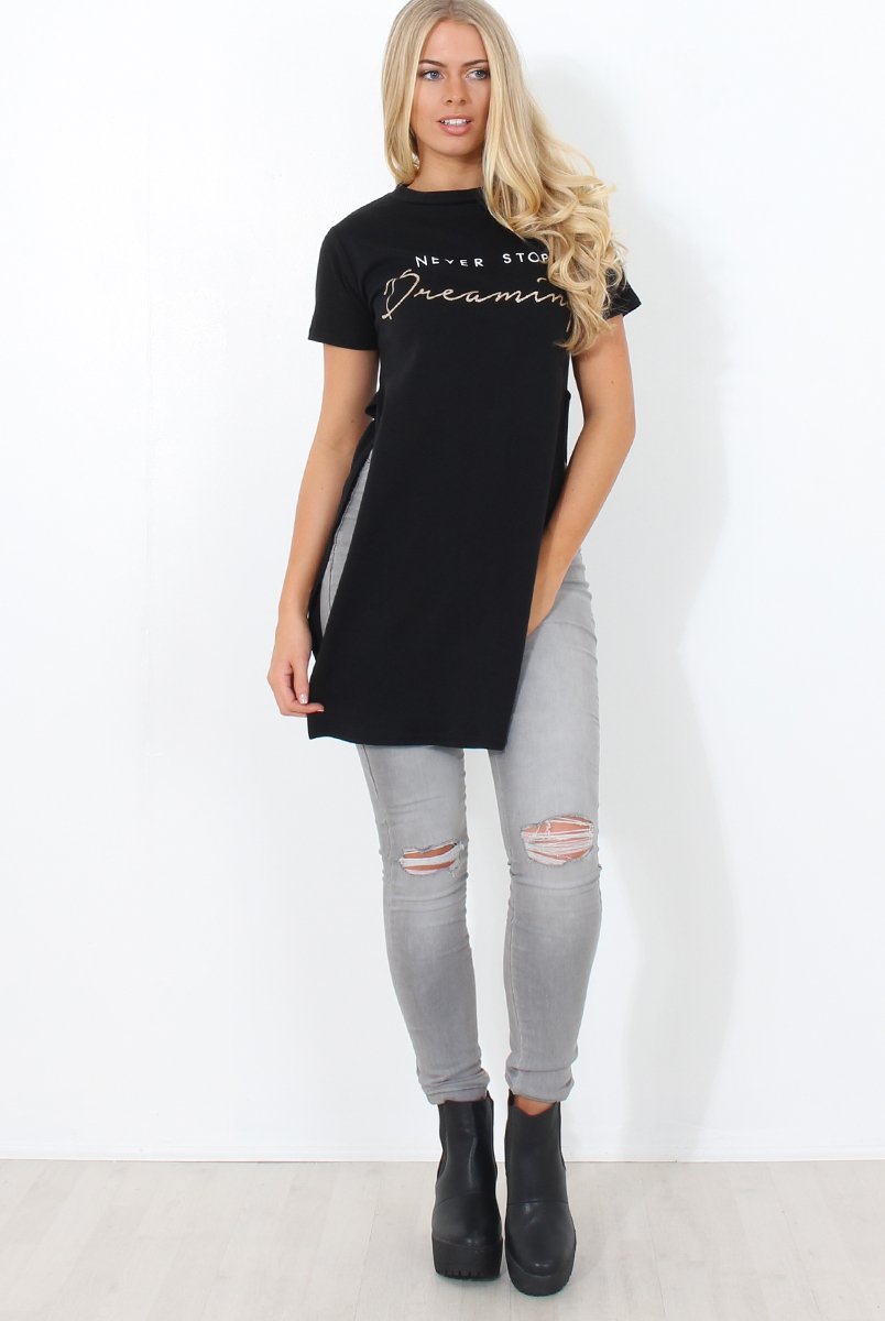 Hanna Black Slogan Side Split Top-Tops