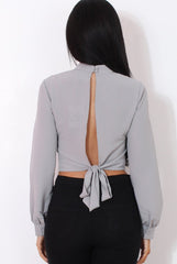 Hanna Grey Long Sleeve Crop Top-Crop Tops