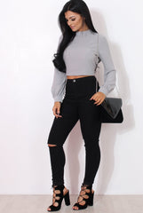 Hanna Grey Long Sleeve Crop Top-Crop Tops