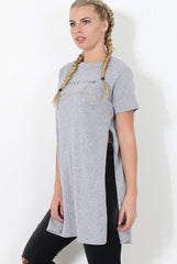 Hanna Grey Slogan Side Split Top-Tops