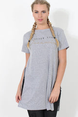 Hanna Grey Slogan Side Split Top-Tops