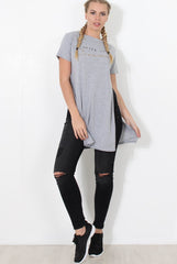 Hanna Grey Slogan Side Split Top-Tops