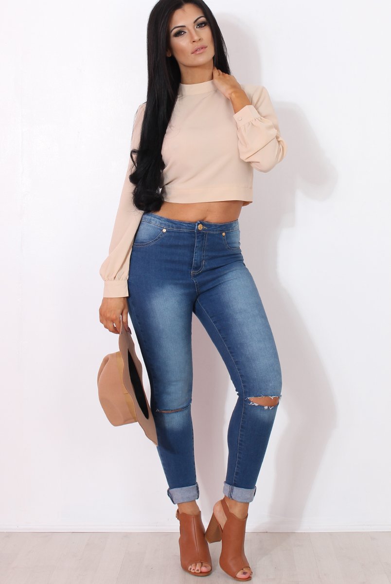 Hanna Nude Long Sleeve Crop Top-Crop Tops