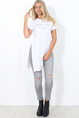 Hanna White Slogan Side Split Top-Tops