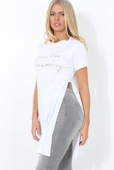 Hanna White Slogan Side Split Top-Tops