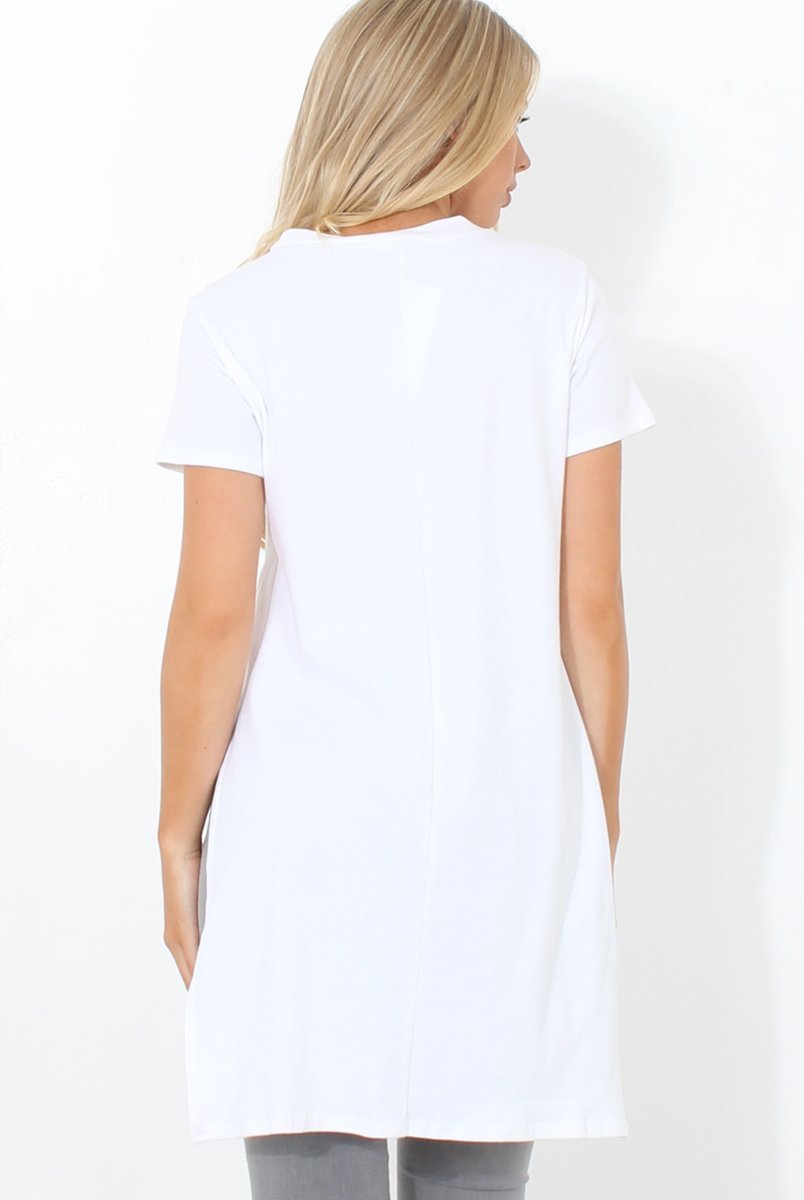 Hanna White Slogan Side Split Top-Tops