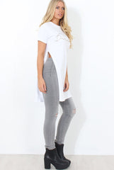 Hanna White Slogan Side Split Top-Tops