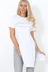 Hanna White Slogan Side Split Top-Tops