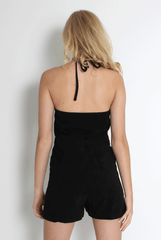Hannah Black Suede Halterneck Playsuit-Playsuits