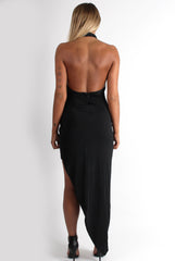 Hetty Black Halter Neck Dip Hem Dress-Dresses