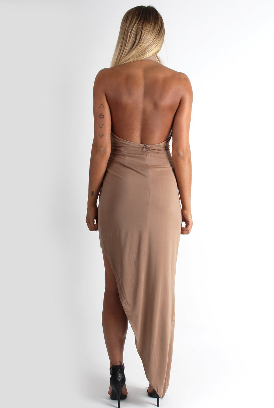 Hetty Camel Halter Neck Dip Hem Dress-Dresses