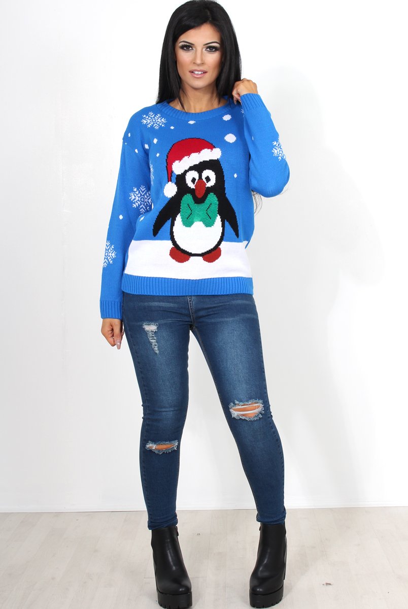 Holy Blue Penguin Christmas Jumper-Knitwear