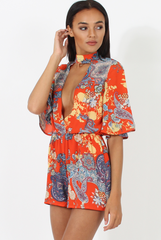 Hot Orange Paisley Print Plunge Playsuit - Rona-Playsuits