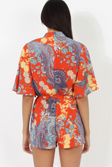 Hot Orange Paisley Print Plunge Playsuit - Rona-Playsuits