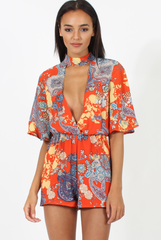 Hot Orange Paisley Print Plunge Playsuit - Rona-Playsuits