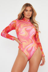 Hot Pink Abstract Print High Neck Bodysuit - Verity-Bodysuits