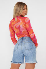 Hot Pink Abstract Print High Neck Bodysuit - Verity-Bodysuits