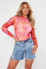 Hot Pink Abstract Print High Neck Bodysuit - Verity-Bodysuits
